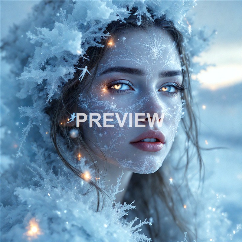 A close-up of a woman with icy, frost-covered skin and hair, surrounded by snow and glowing lights, with a wintery sky in the background.